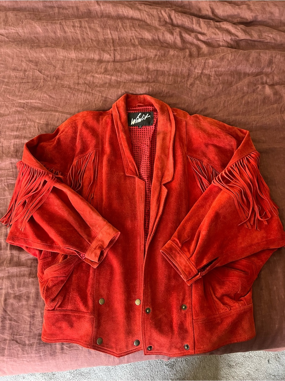 Vintage Winlit Western 100% Genuine Leather Suede Red Fringe Jacket L - Picture 8 of 12